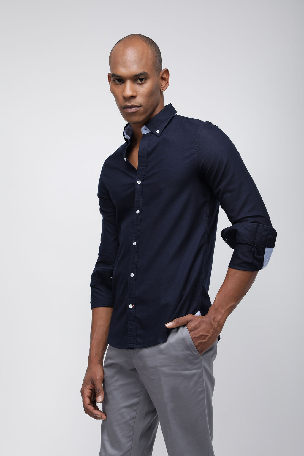 Bare Brown Deep Navy Solid Button-Down Long Sleeve Shirt