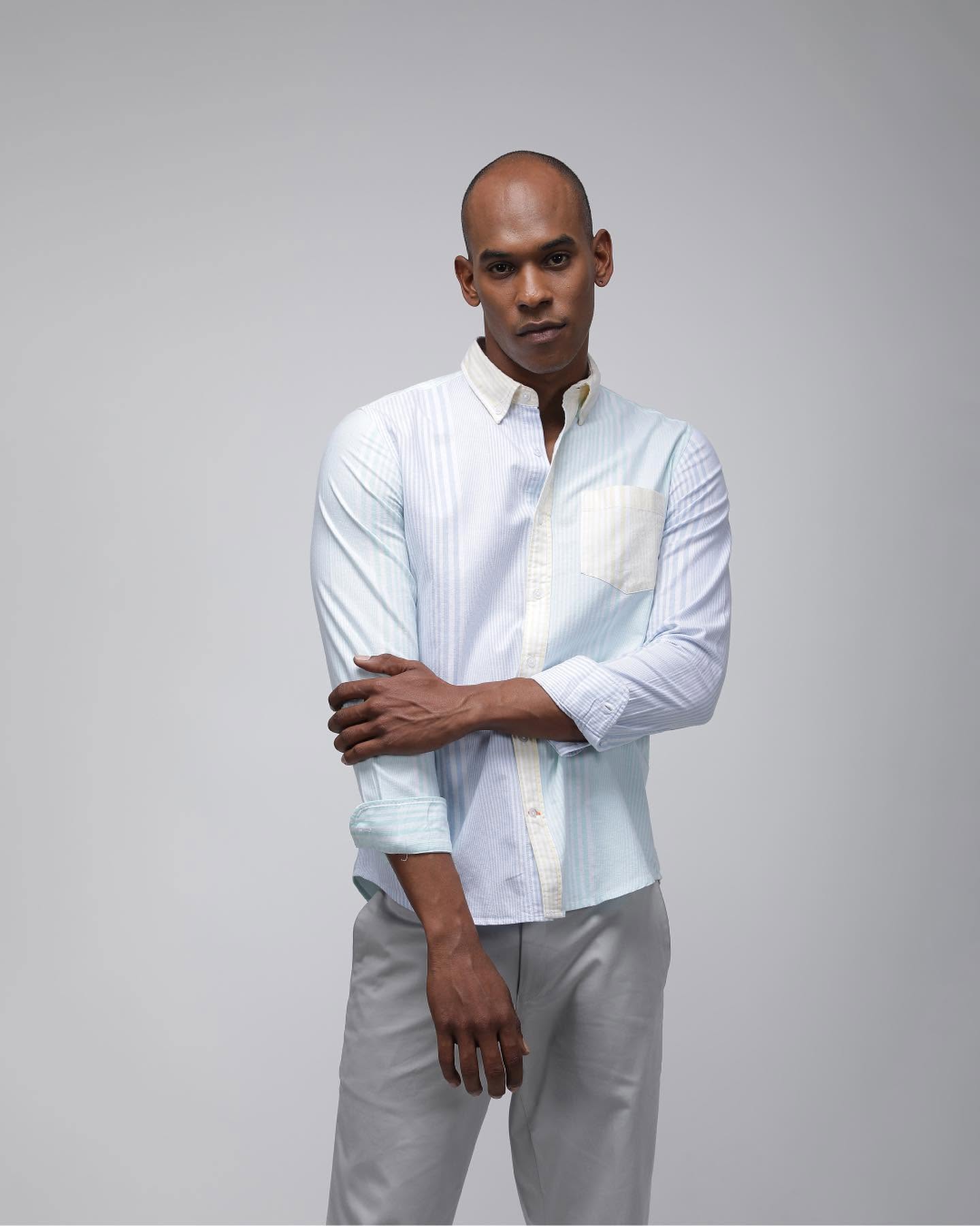 Bare Brown Light Green Stripe Cotton Shirt