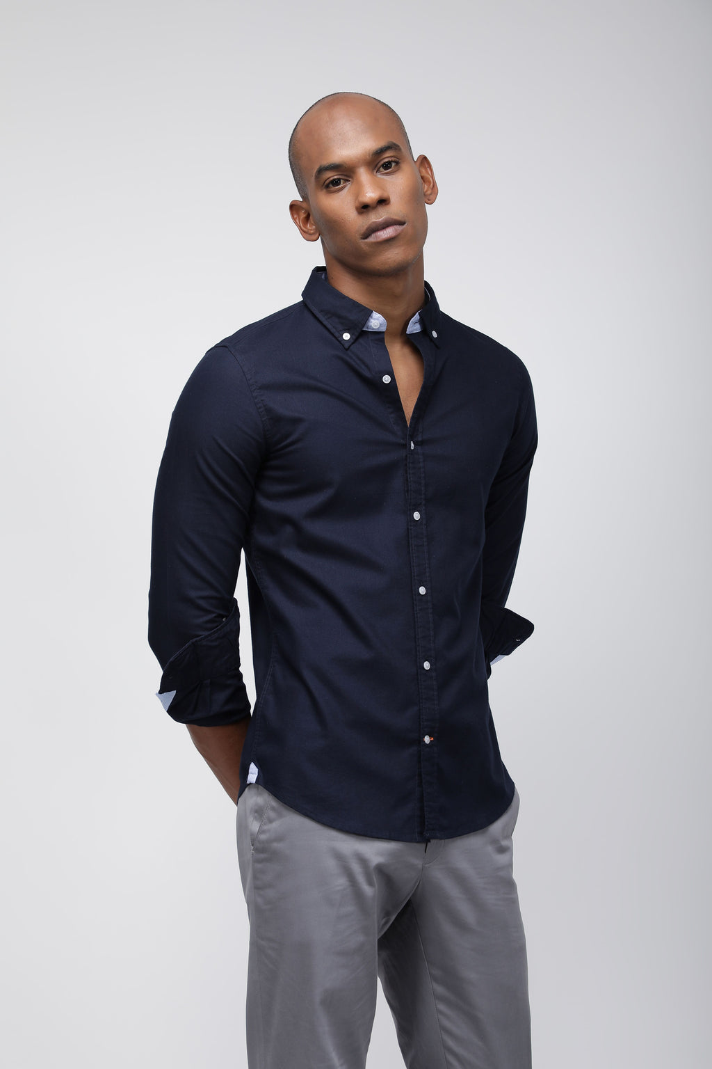 Bare Brown Deep Navy Solid Button-Down Long Sleeve Shirt
