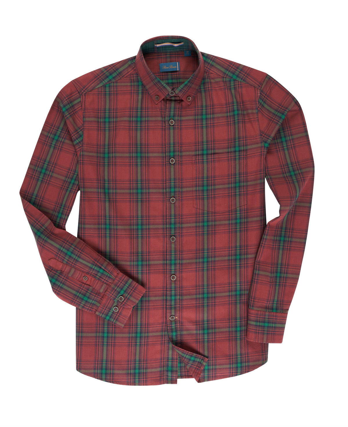 Bare Brown Rust Red & Emerald Plaid Casual Long Sleeve Shirt