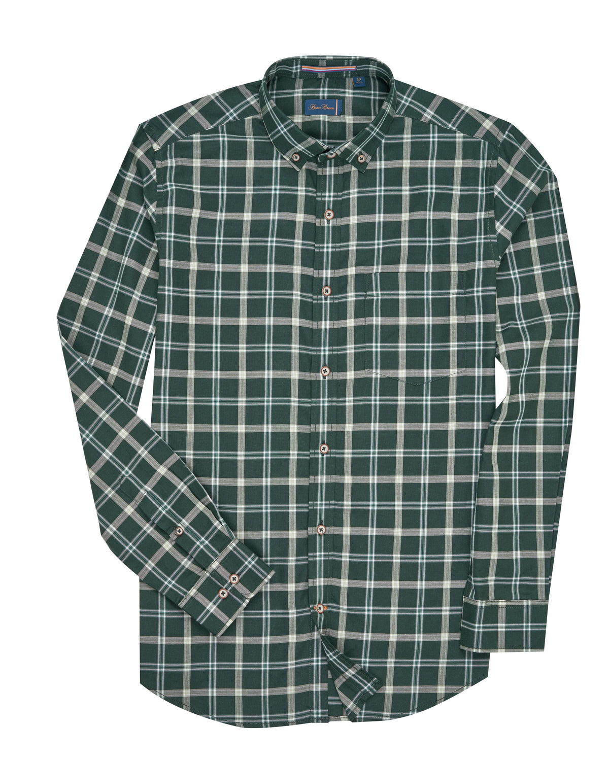 Bare Brown Dark Green & White Plaid Long Sleeve Shirt