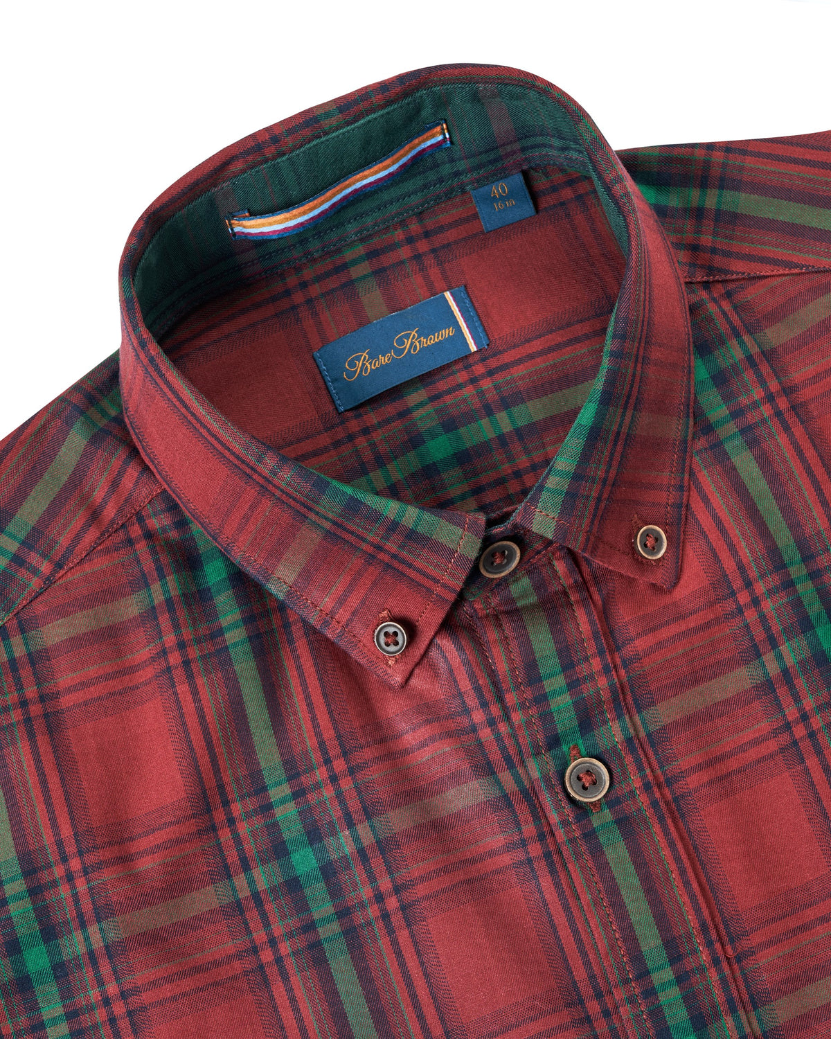 Bare Brown Rust Red & Emerald Plaid Casual Long Sleeve Shirt