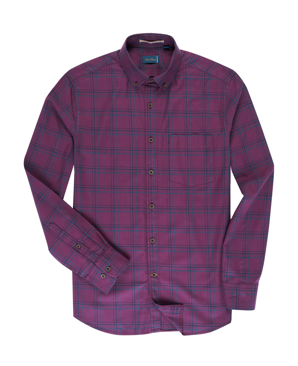 Bare Brown Plum & Teal Plaid Casual Long Sleeve Shirt