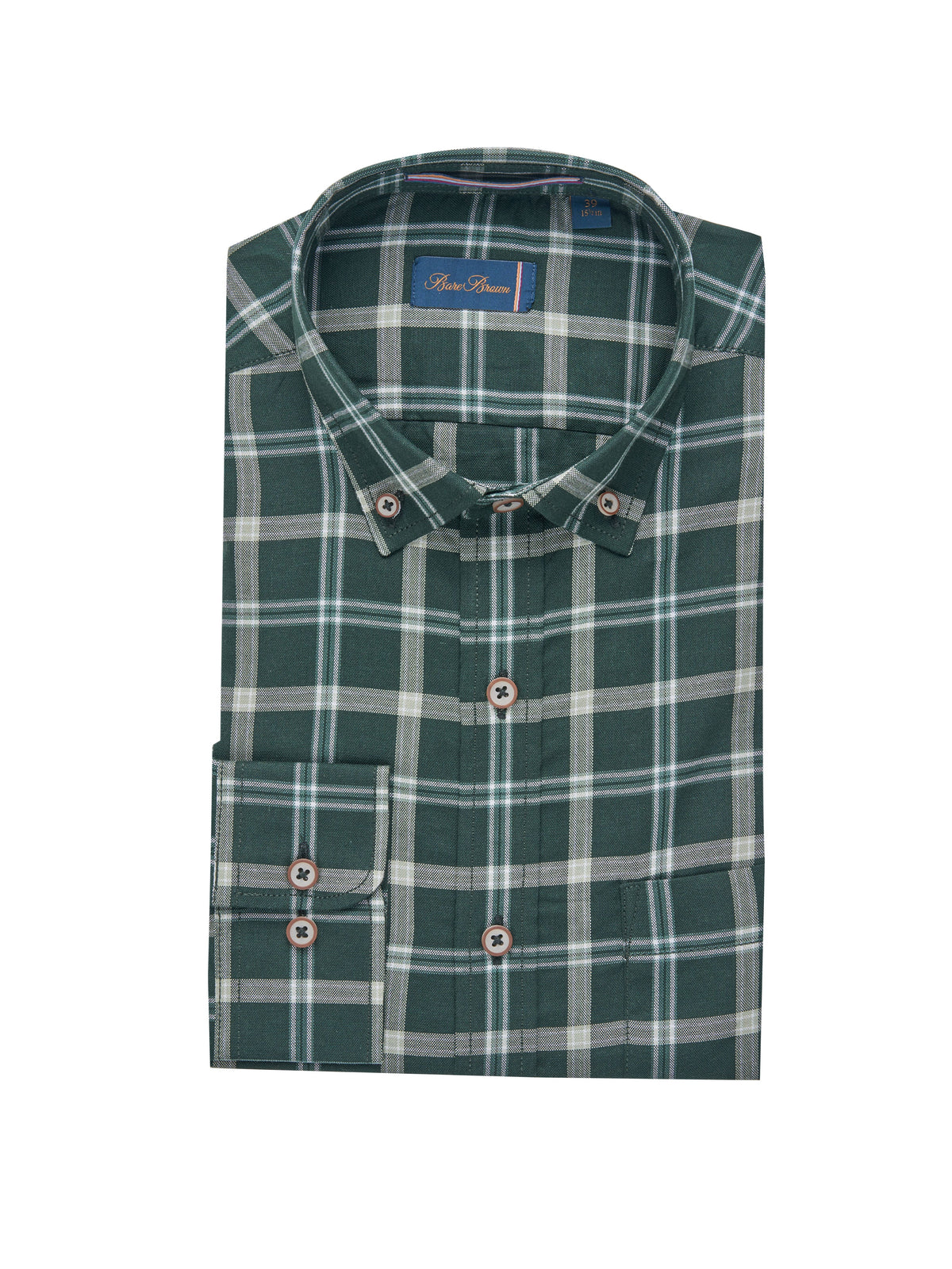 Bare Brown Dark Green & White Plaid Long Sleeve Shirt