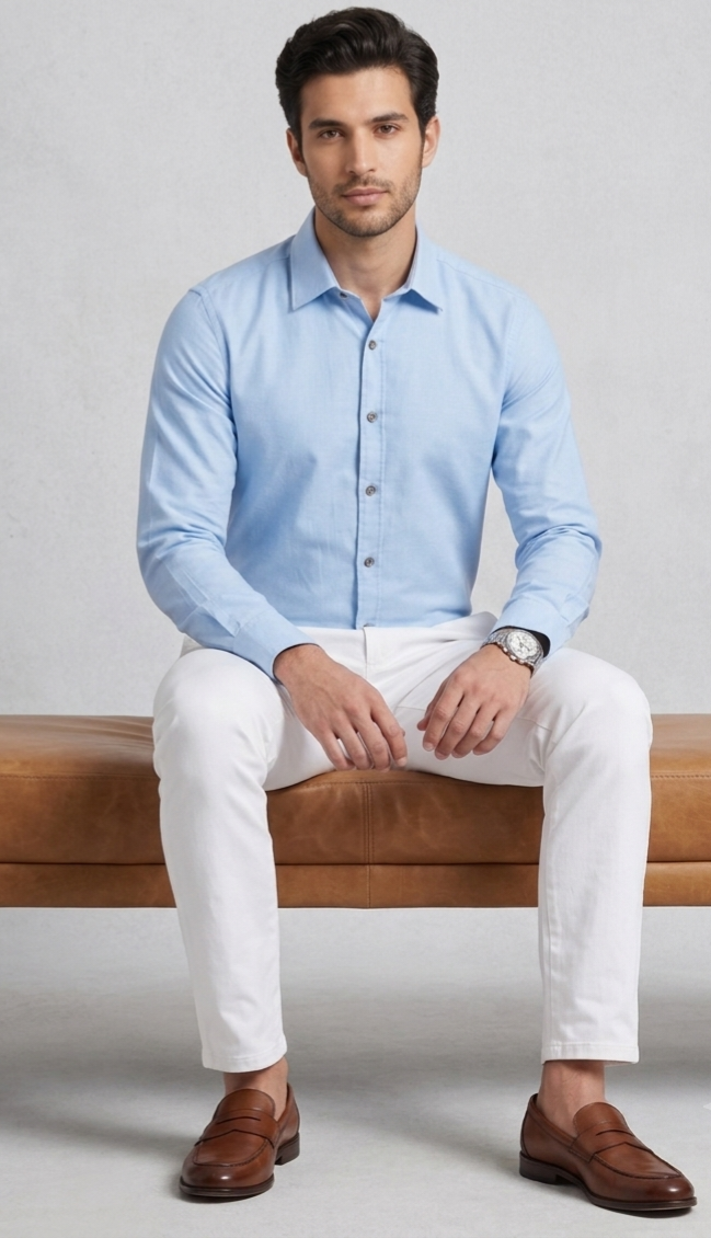 Bare Brown Solid Sky Blue Long Sleeve Shirt