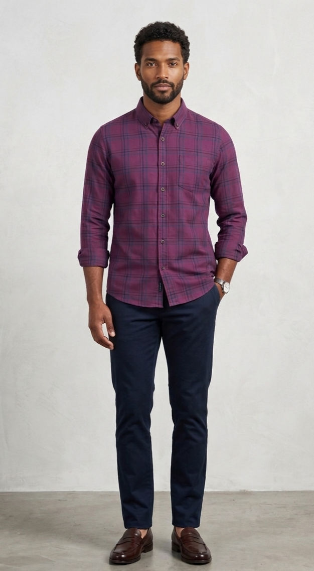 Bare Brown Plum & Teal Plaid Casual Long Sleeve Shirt