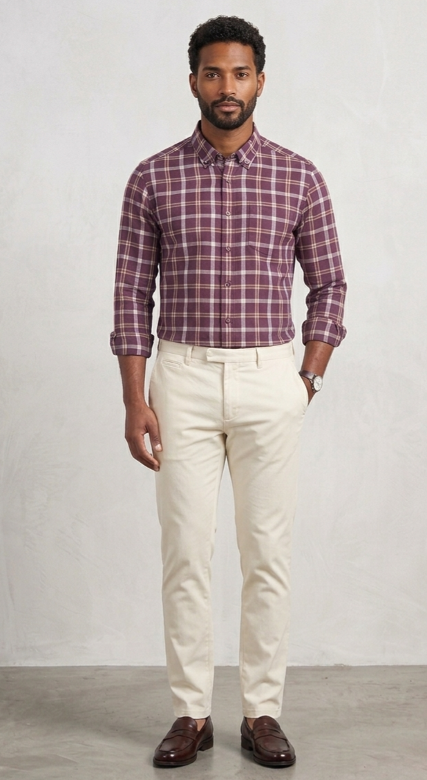Bare Brown Maroon & Cream Checked Casual Long Sleeve Shirt